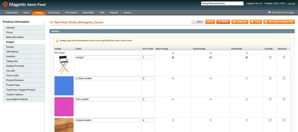 Magento edit products page